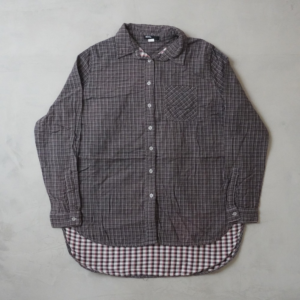 BDG Plaid Button Down Shirt S Womens Brown Gauze Long Sleeve High Low Hem Pocket
